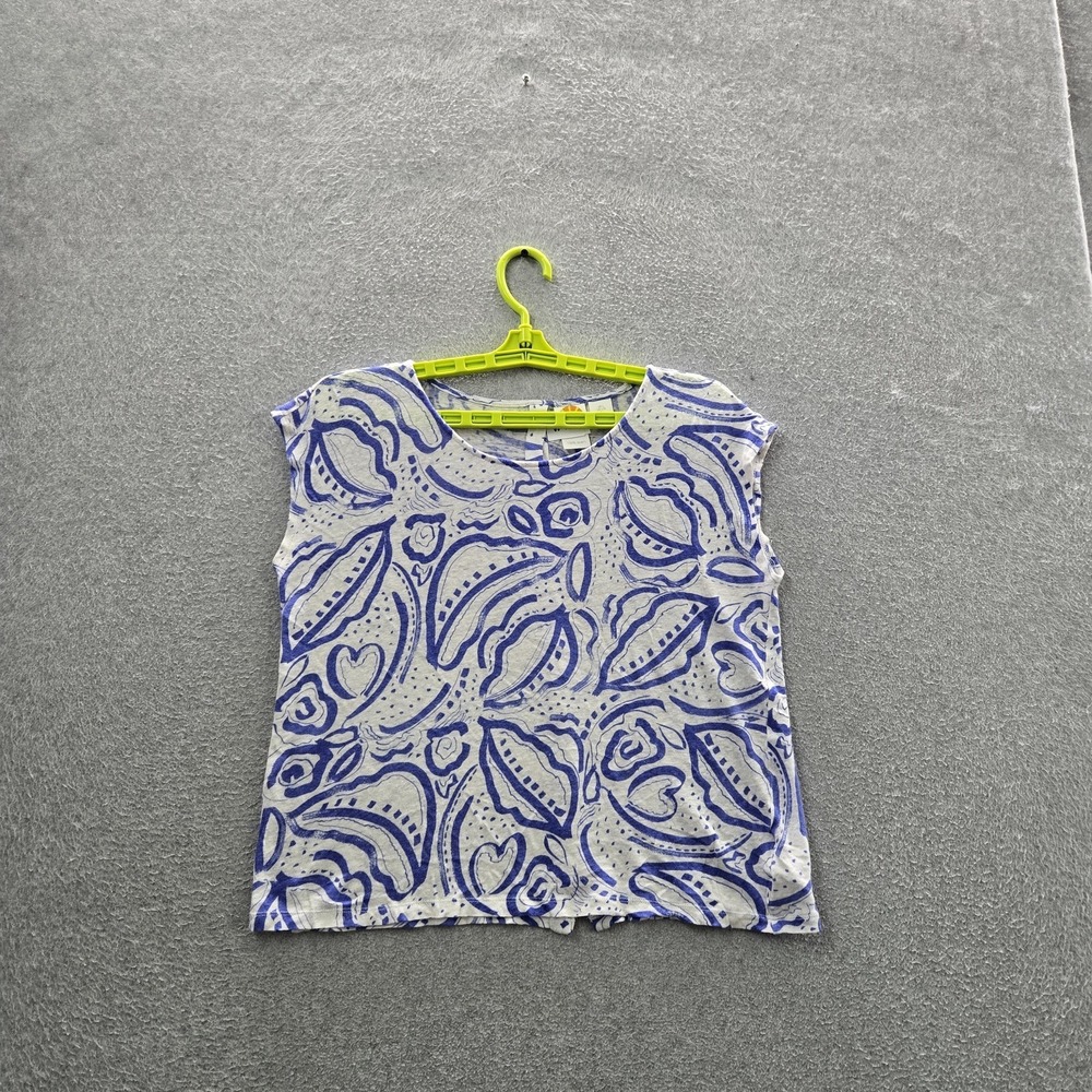 C&C California Women Shirt L White Linen Floral Crew Neck Pullover Short Sleeve